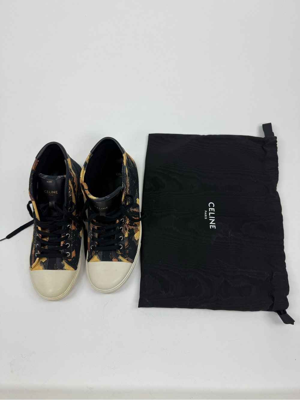 Celine Black High-Top Sneakers with Yellow & Black Floral Print